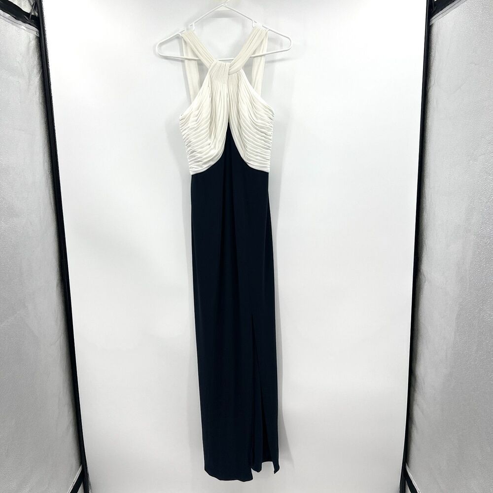 Tadashi Collection Halter Maxi Dress Gown Ivory Navy Ruched Pleated Small S